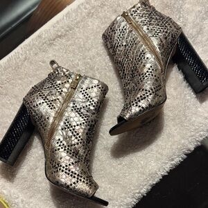 Calvin Klein Metallic Snake-Print Peep-Toe Ankle Booties